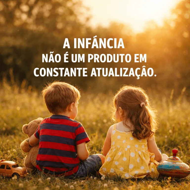 Duas-criancas-sentadas-na-grama-ao-por-do-sol-vistas-de-costas-cercadas-por-brinquedos-simples.-Sobre-a-imagem-a-frase-‘A-infancia-nao-e-um-produto-em-constante-atualizacao.