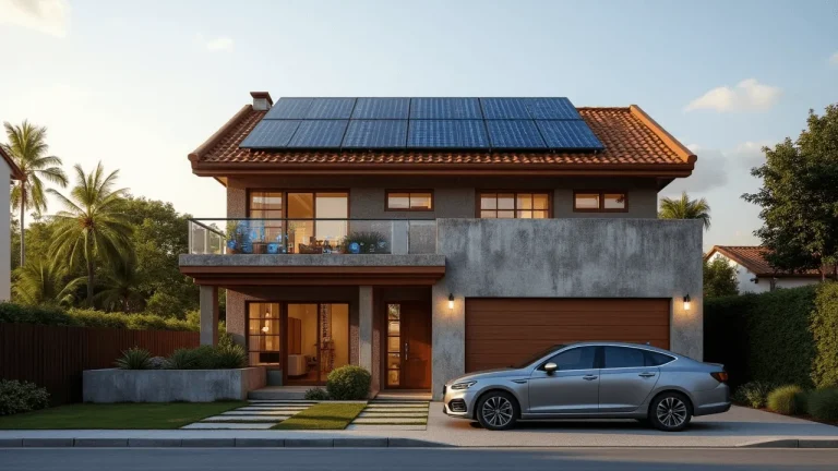Casa residencial com painéis solares no telhado, representando escolha sustentável e autonomia energética.