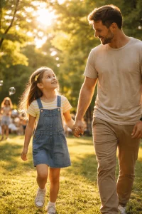 Crianca-caminhando-de-maos-dadas-com-um-adulto-em-um-parque-ensolarado-representando-a-alegria-e-liberdade-da-infancia-em-contraste-com-a-percepcao-adulta.
