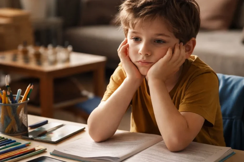 Crianca-sentada-a-mesa-cercada-por-livros-e-dispositivos-digitais-com-expressao-de-cansaco-e-falta-de-tempo-para-brincar-de-forma-saudavel.