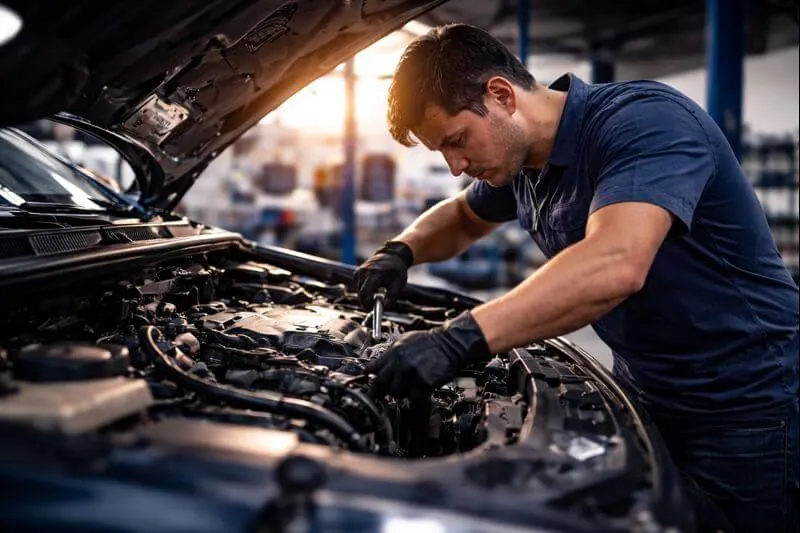 Mecanico-trabalhando-no-motor-de-um-carro-em-oficina-representando-o-setor-automotivo