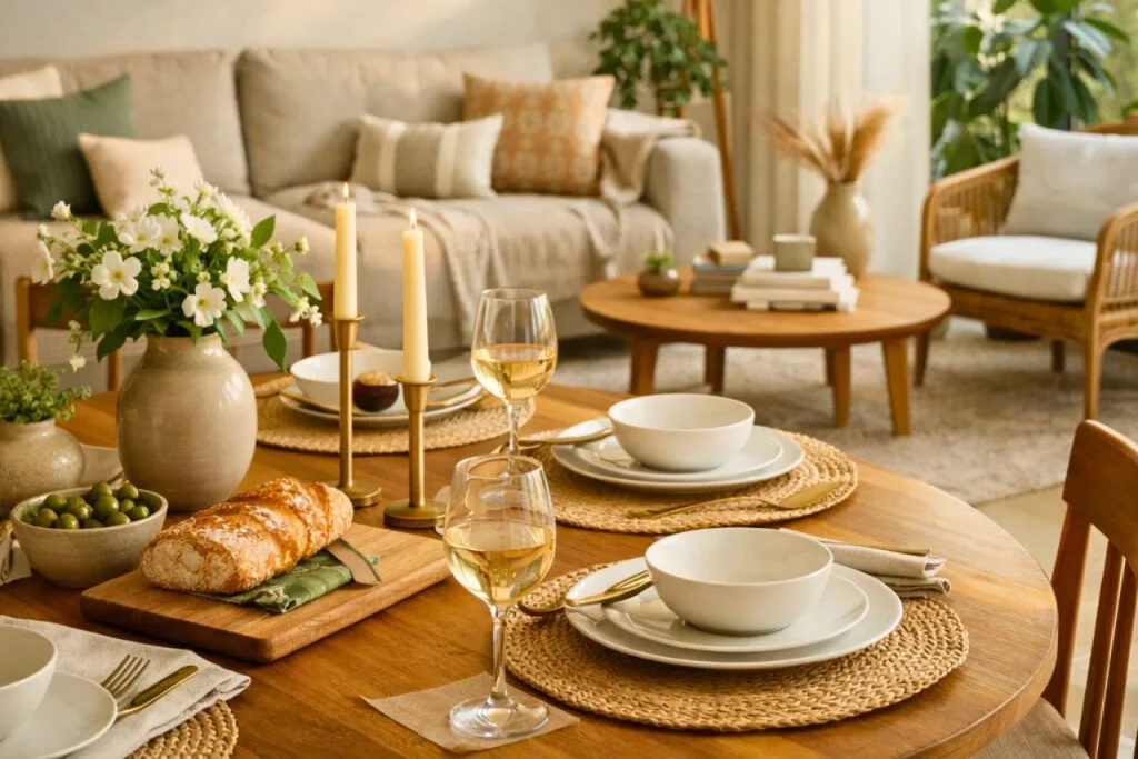 Mesa-de-jantar-redonda-com-loucas-claras-velas-e-elementos-naturais-em-ambiente-integrado-a-sala-de-estar-aconchegante