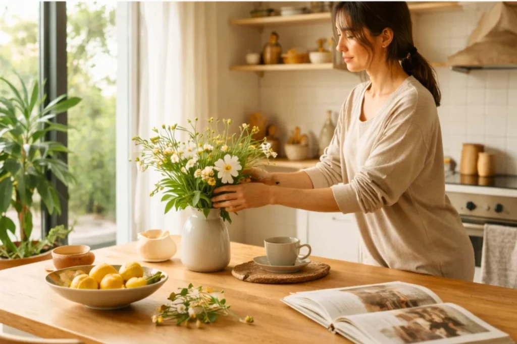 Pessoa-organizando-flores-frescas-em-vaso-sobre-mesa-de-madeira-em-ambiente-domestico-iluminado-por-luz-natural