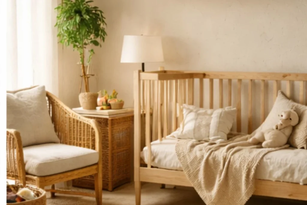 Quarto-infantil-aconchegante-com-berco-de-madeira-clara-poltrona-de-fibras-naturais-iluminacao-suave-e-decoracao-minimalista-em-tons-neutros