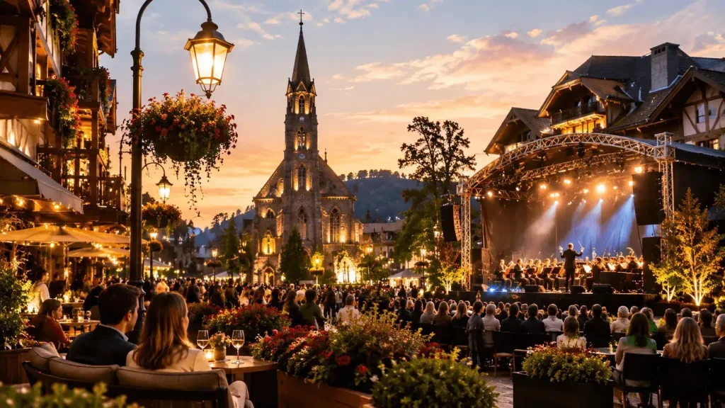 Gramado-durante-evento-cultural-ao-ar-livre-com-publico-e-apresentacao-musical-ao-entardecer