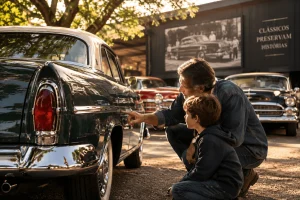 Avo-mostrando-detalhes-de-um-carro-antigo-ao-neto-durante-uma-visita