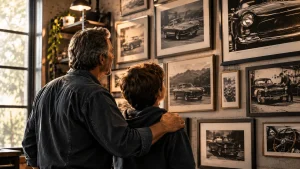 Avo-e-neto-observando-fotos-de-carros-antigos-em-uma-oficina
