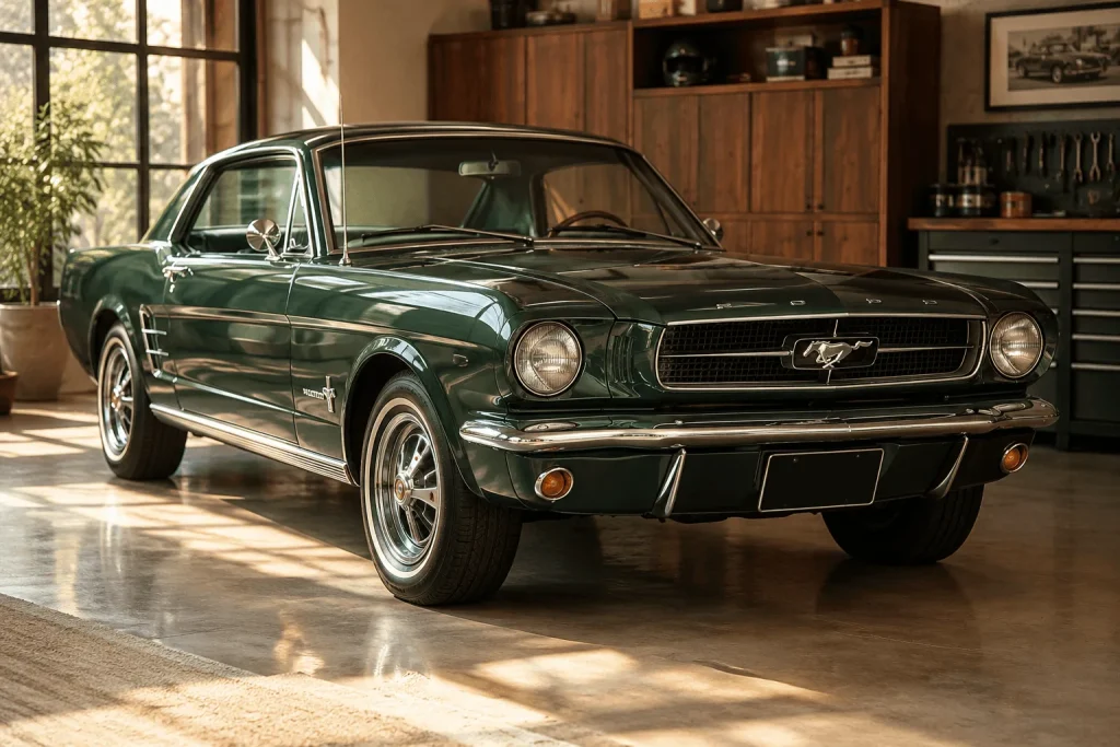 Carro-classico-verde-preservado-em-garagem-com-pintura-brilhante-detalhes-cromados-e-ambiente-de-oficina-vintage.