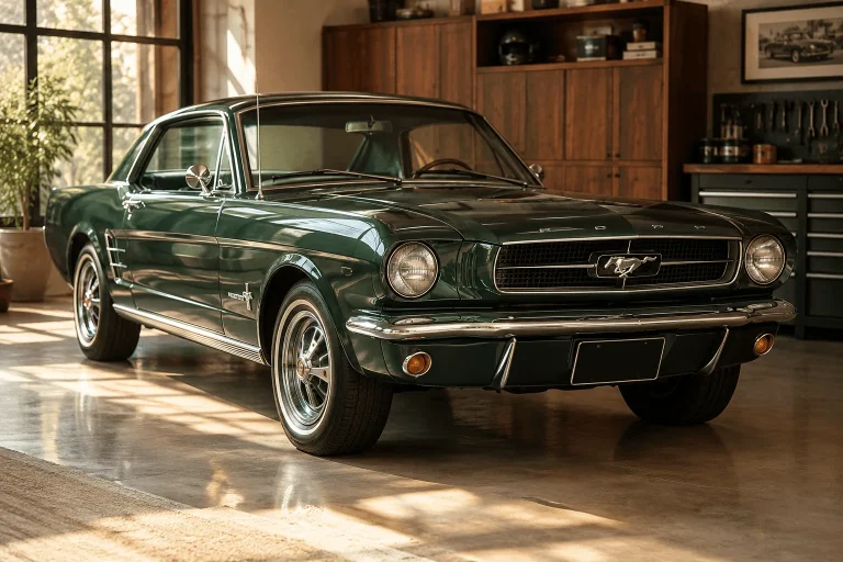 Carro-classico-verde-preservado-em-garagem-com-pintura-brilhante-detalhes-cromados-e-ambiente-de-oficina-vintage.