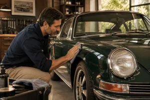 Homem-polindo-a-carroceria-de-um-carro-antigo-verde-em-garagem-especializada-na-conservacao-de-veiculos-classicos.