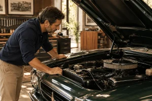 Mecanico-examinando-o-motor-de-um-carro-antigo-verde-com-capo-aberto-em-uma-oficina-especializada-em-veiculos-classicos