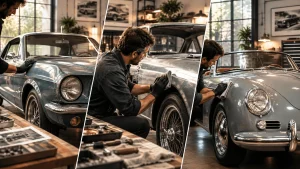 Colagem-de-restauracao-de-carros-antigos-em-oficina-profissional